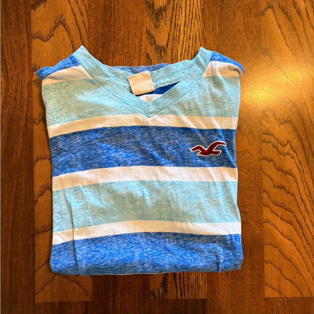Hollister Light Blue and White Striped Tee